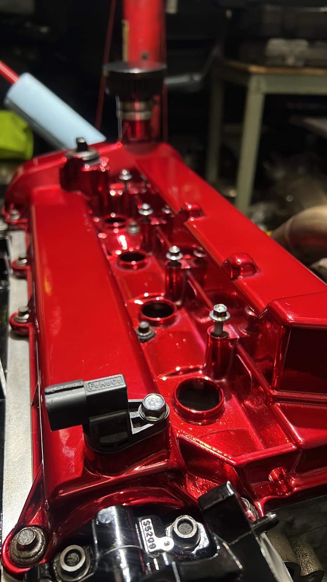 Powder coated red valve cover detail